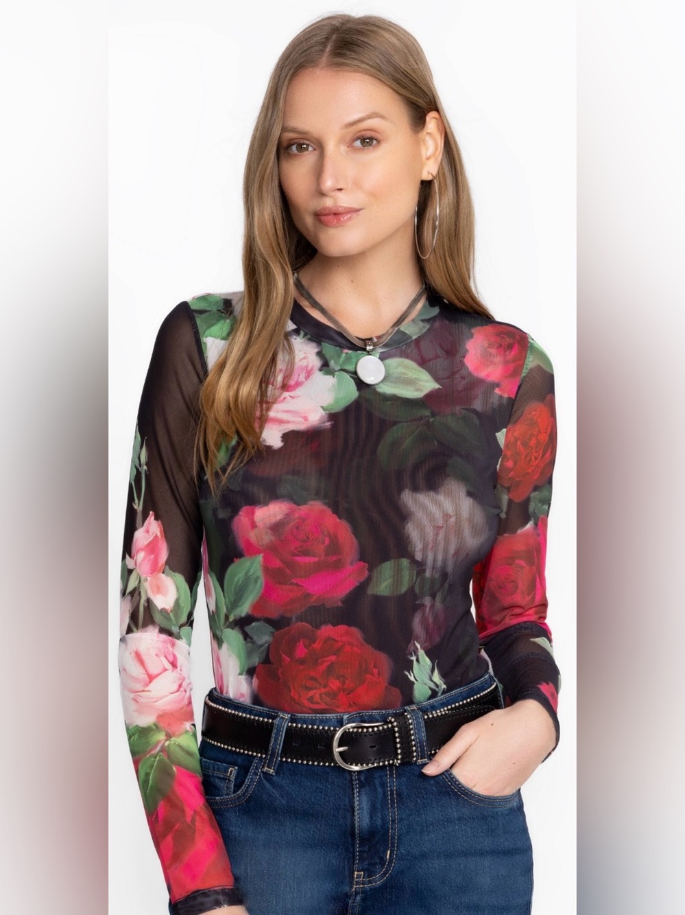 Johnny Was Black Sheer Long-Sleeve Top with Red, Pink & Green Floral Print, XXL